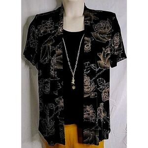 Vintage R & M Richards Women Elegant Top Size 10 Black & Gold Glittery Floral